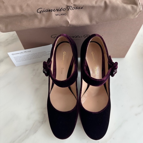 Gianvito Rossi Burgundy Velvet Mary Jane Pumps Heels - Picture 2 of 9